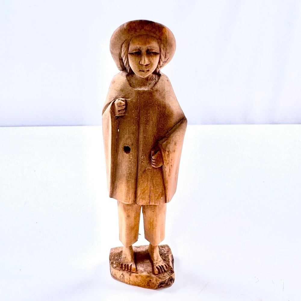 Vintage Hand Carved Wood South American Figurine Person in Poncho Folk Art BOHO